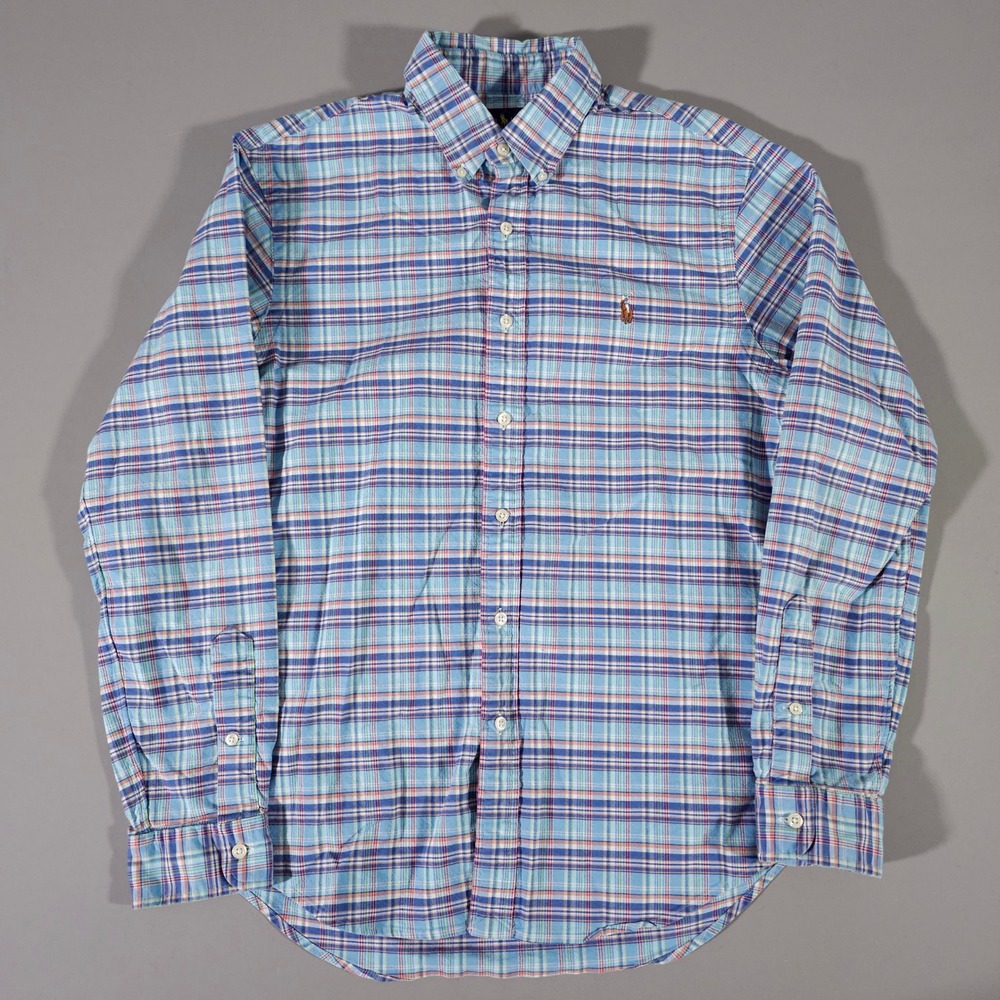 Ralph Lauren Button Down Shirt Mens Large Blue Plaid Slim Fit Long Sleeve